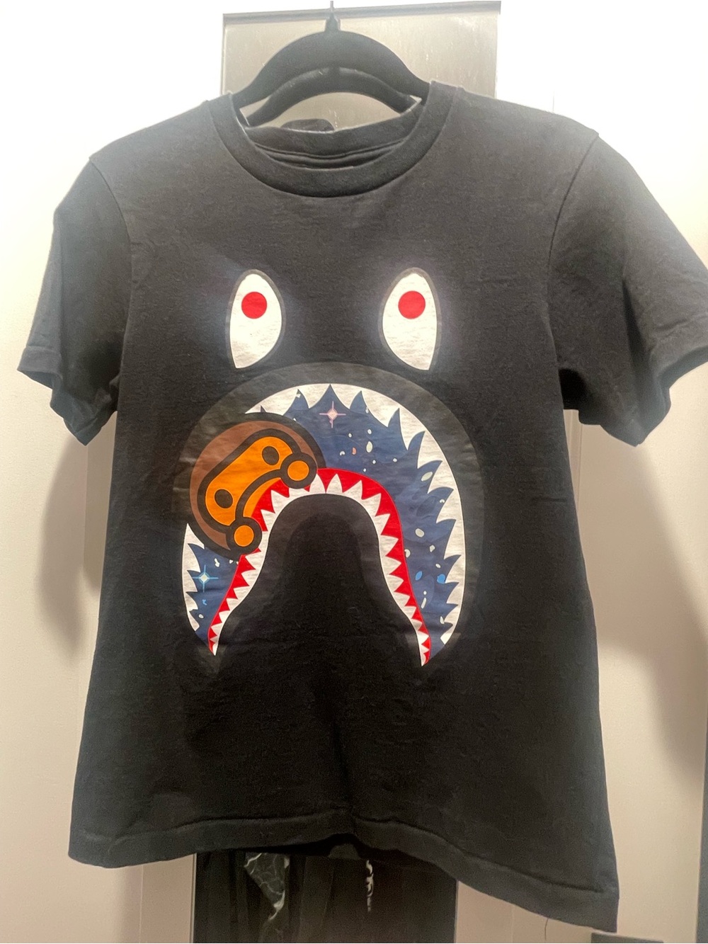 Bape Black Shark-Mouth Tee with Red, Blue and Brown Graphic